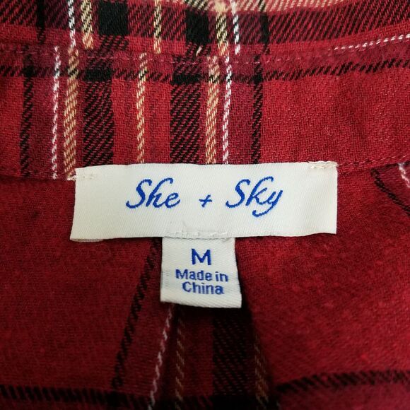 She + Sky Shirt Womens Medium Red Top Plaid Long Sleeve Surplice Collared Rolled - Picture 5 of 10